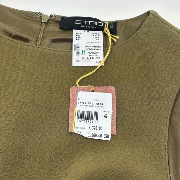 ETRO Women 42 US/6 Knee Length Sheath Dress Olive Green NWT $2,300 - Picture 7 of 11